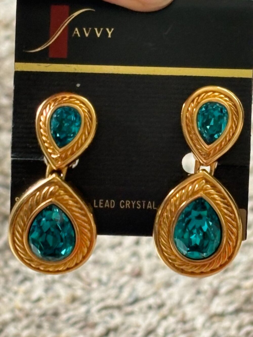 Vintage Savvy Swarovski Chunky Gold Tone Teal Green Crystal Clip Earrings Swan